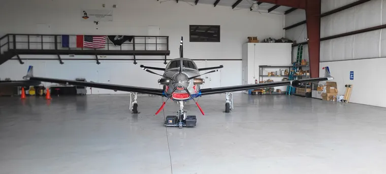 Aircraft, front view in the hangar
