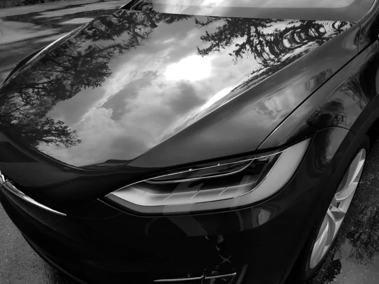 Close-up of a reflective black bonnet